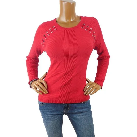 INC Top M Red Ribbed Sweater Velvet Lace Up Rhinestone Grommets Party Shirt - Picture 1 of 9